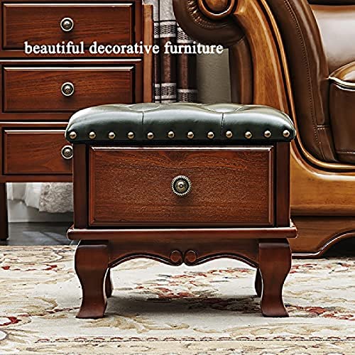 Lederhocker mit Stauraum, Fußhocker aus Massivholz mit Stauraum und Schublade, Kleiner Fußstützen-Würfelhocker, E-Knöpfe, 35 x 30 x 30 cm, D, 35 x 30 x 30 cm