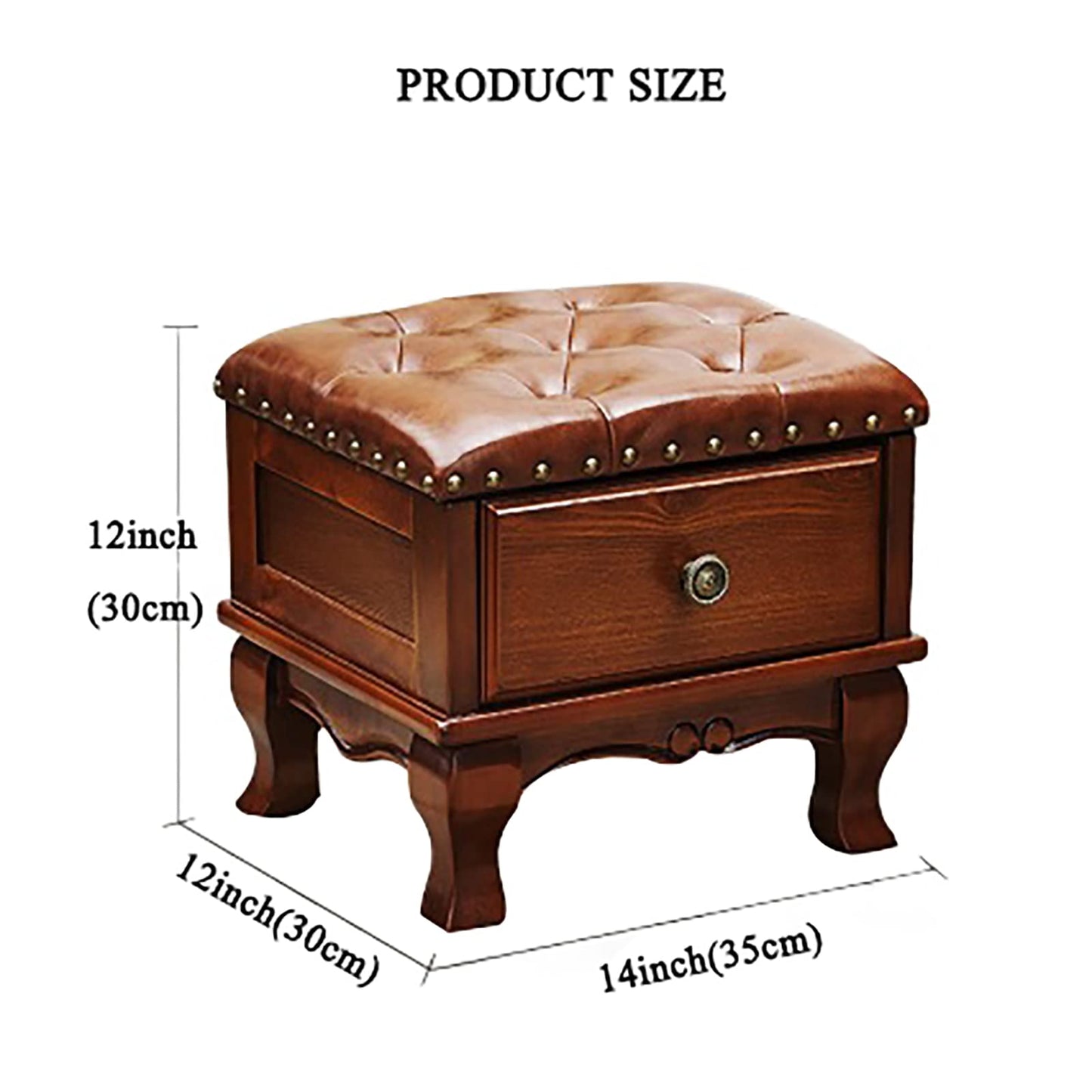 Massivholz-Aufbewahrungs-Ottomane, Fußhocker mit Schublade, kleine Fußstütze, Würfel-Ottomane, Leder-Ottomane mit Stauraum, Vintage-Ottomane für Wohnzimmer, Schlafzimmer, Eingangsbereich-D 3