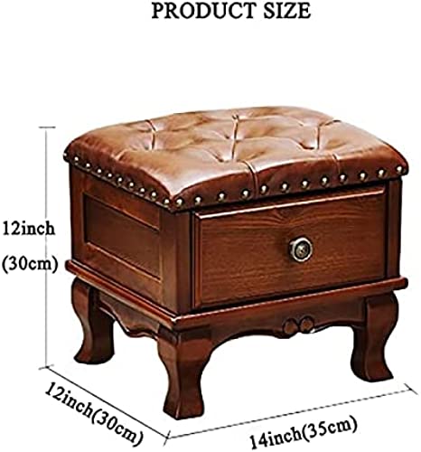 Lederhocker mit Stauraum, Fußhocker aus Massivholz mit Stauraum und Schublade, Kleiner Fußstützen-Würfelhocker, E-Knöpfe, 35 x 30 x 30 cm, D, 35 x 30 x 30 cm