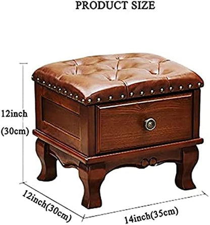 Lederhocker mit Stauraum, Fußhocker aus Massivholz mit Stauraum und Schublade, Kleiner Fußstützen-Würfelhocker, E-Knöpfe, 35 x 30 x 30 cm, D, 35 x 30 x 30 cm