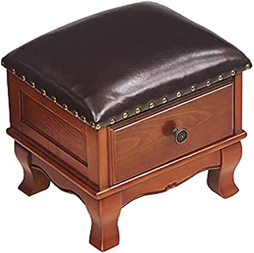 Lederhocker mit Stauraum, Fußhocker aus Massivholz mit Stauraum und Schublade, Kleiner Fußstützen-Würfelhocker, E-Knöpfe, 35 x 30 x 30 cm, D, 35 x 30 x 30 cm