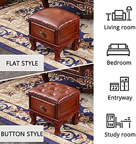 Lederhocker mit Stauraum, Fußhocker aus Massivholz mit Stauraum und Schublade, Kleiner Fußstützen-Würfelhocker, E-Knöpfe, 35 x 30 x 30 cm, D, 35 x 30 x 30 cm