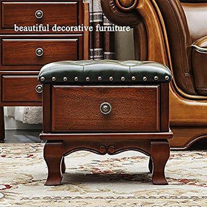 Lederhocker mit Stauraum, Fußhocker aus Massivholz mit Stauraum und Schublade, Kleiner Fußstützen-Würfelhocker, E-Knöpfe, 35 x 30 x 30 cm, D, 35 x 30 x 30 cm