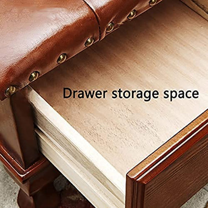 Lederhocker mit Stauraum, Fußhocker aus Massivholz mit Stauraum und Schublade, Kleiner Fußstützen-Würfelhocker, E-Knöpfe, 35 x 30 x 30 cm, D, 35 x 30 x 30 cm