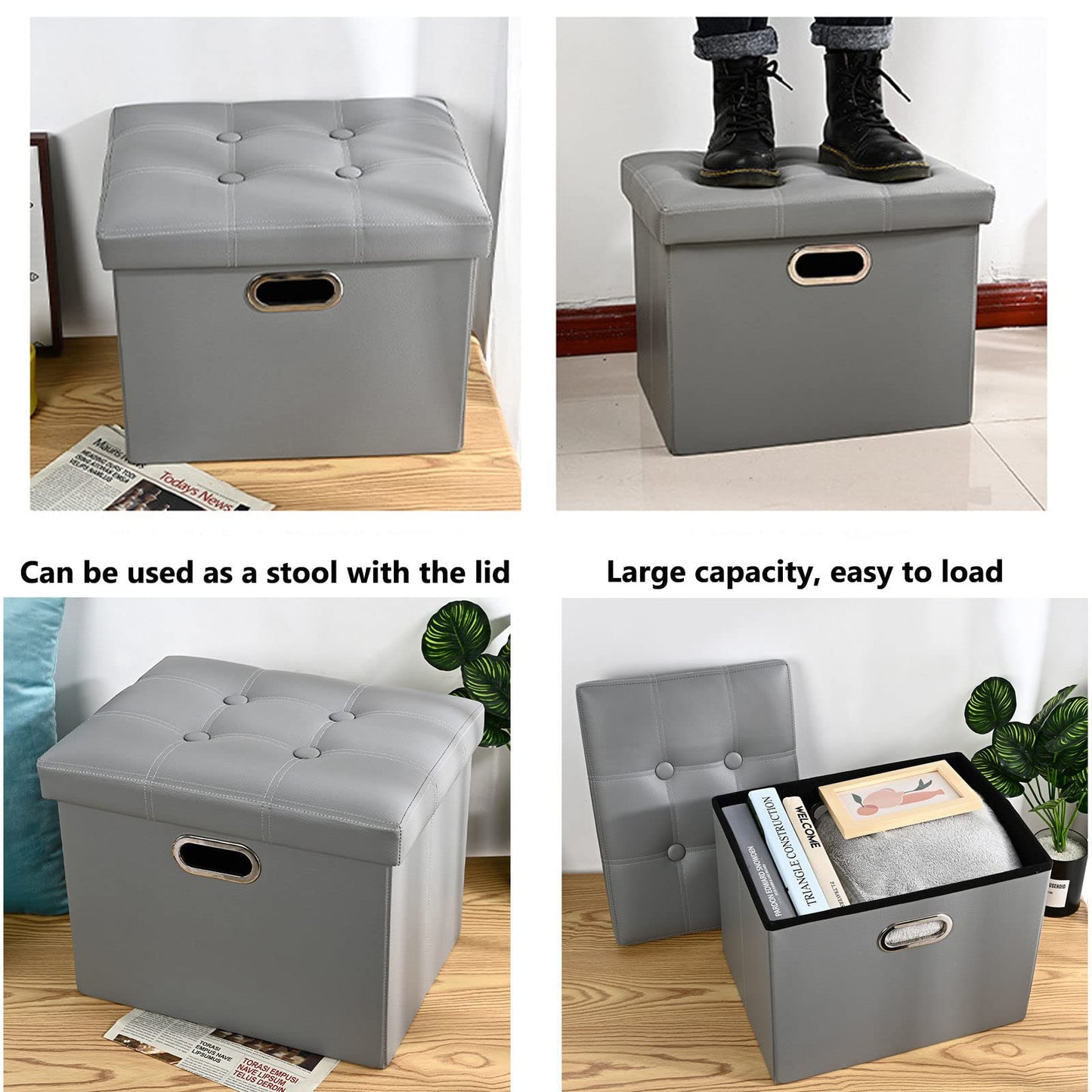 Leder-Ottomane mit Stauraum, zusammenklappbar, PU-Fußstütze, Fußhocker mit Griffen, Deckel, Kleiner rechteckiger, zusammenklappbarer Ottoman-Fußhocker für Wohnzimmer, Schlafzimmer, Braun, 43