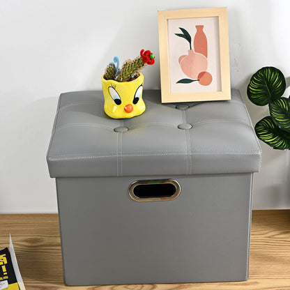 Leder-Ottomane mit Stauraum, zusammenklappbar, PU-Fußstütze, Fußhocker mit Griffen, Deckel, Kleiner rechteckiger, zusammenklappbarer Ottoman-Fußhocker für Wohnzimmer, Schlafzimmer, Braun, 43