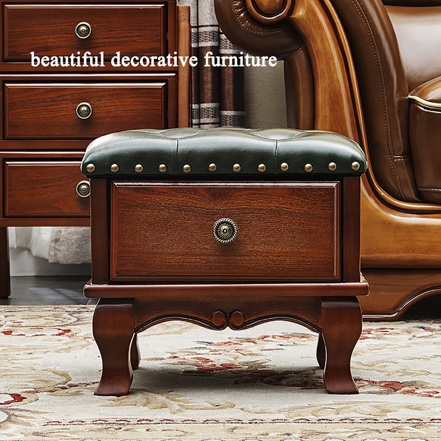 Massivholz-Aufbewahrungs-Ottomane, Fußhocker mit Schublade, kleine Fußstütze, Würfel-Ottomane, Leder-Ottomane mit Stauraum, Vintage-Ottomane für Wohnzimmer, Schlafzimmer, Eingangsbereich-D 3