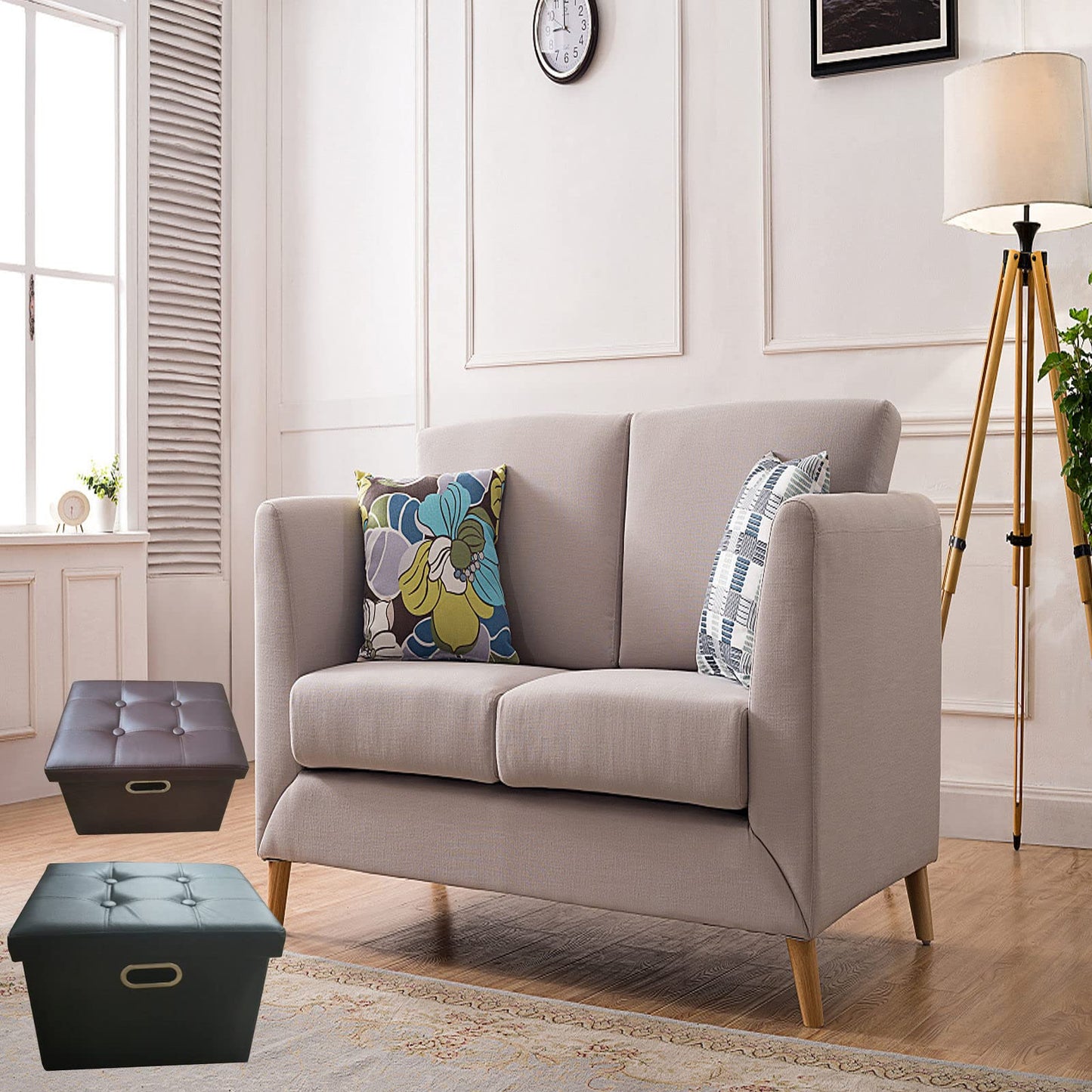 Leder-Ottomane mit Stauraum, zusammenklappbar, PU-Fußstütze, Fußhocker mit Griffen, Deckel, Kleiner rechteckiger, zusammenklappbarer Ottoman-Fußhocker für Wohnzimmer, Schlafzimmer, Braun, 43