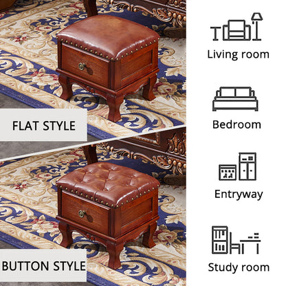 Massivholz-Aufbewahrungs-Ottomane, Fußhocker mit Schublade, kleine Fußstütze, Würfel-Ottomane, Leder-Ottomane mit Stauraum, Vintage-Ottomane für Wohnzimmer, Schlafzimmer, Eingangsbereich-D 3
