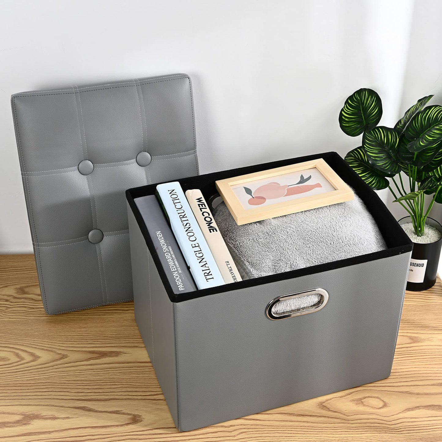 Leder-Ottomane mit Stauraum, zusammenklappbar, PU-Fußstütze, Fußhocker mit Griffen, Deckel, Kleiner rechteckiger, zusammenklappbarer Ottoman-Fußhocker für Wohnzimmer, Schlafzimmer, Braun, 43